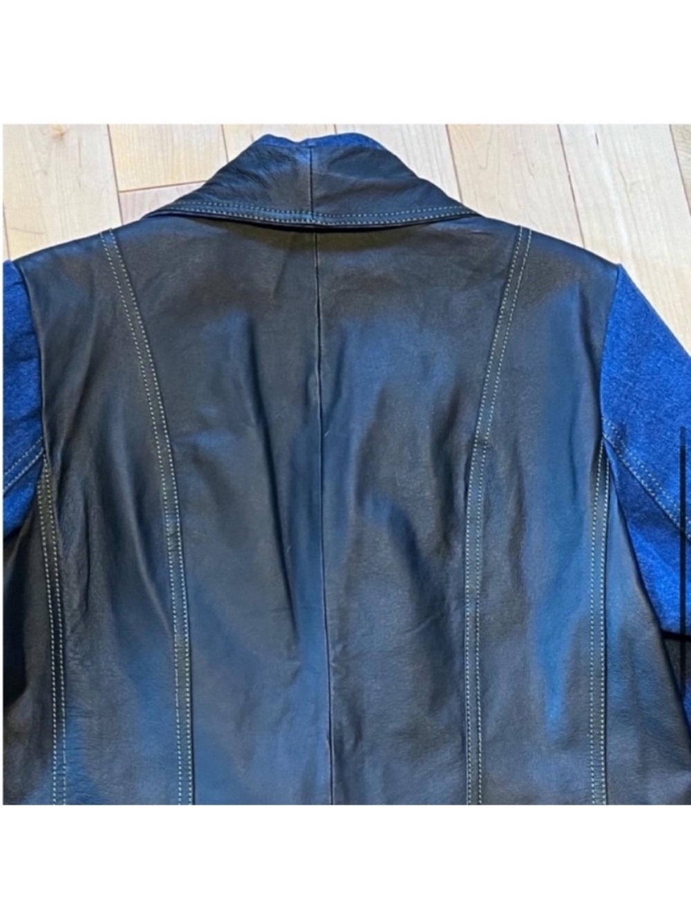 New Via Accenti blue denim black leather vintage jacket button closure size 14W - Picture 6 of 9